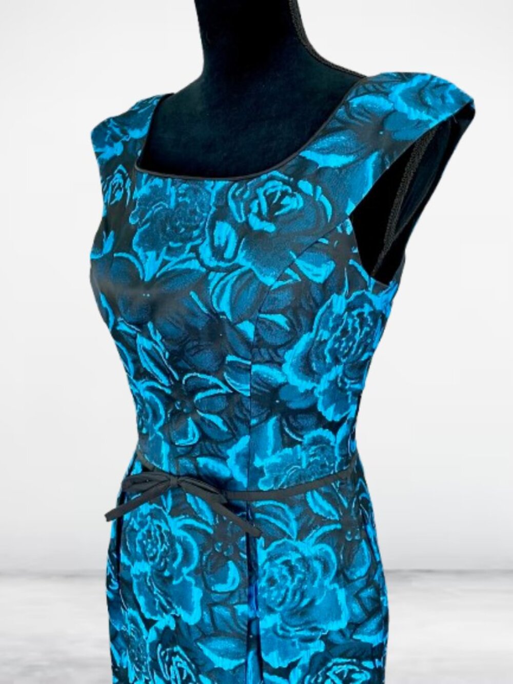 Eshakti Wiggle Midi Dress Blue Black Brocade Cut-out Back SMALL 6